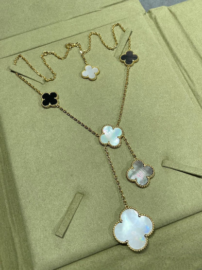 [Shinejoy]CLOVER 6 MOTIF MOP ONYX GOLD NECKLACE