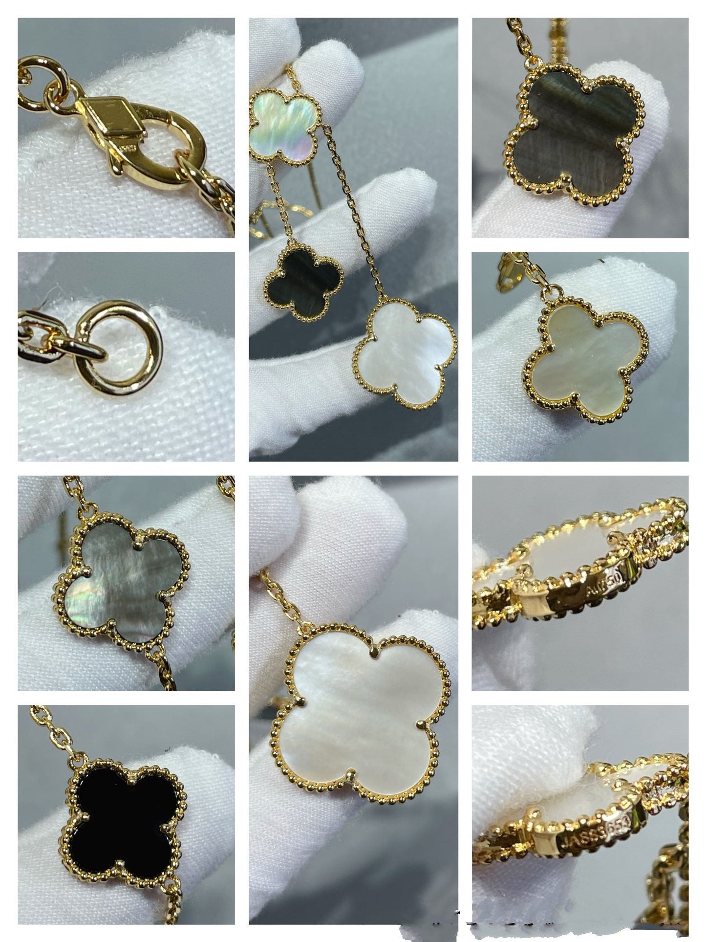 [Shinejoy]CLOVER 6 MOTIF MOP ONYX GOLD NECKLACE