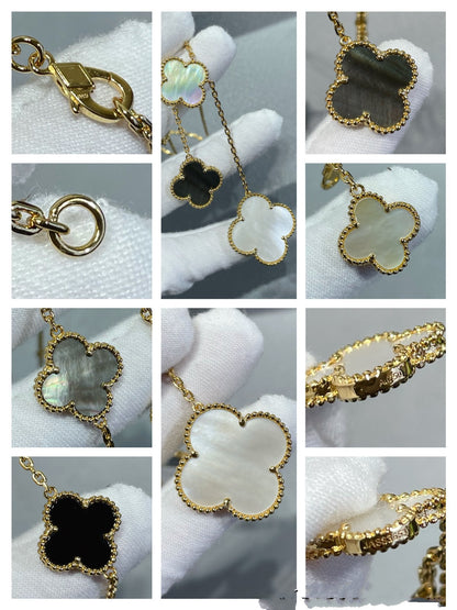 [Shinejoy]CLOVER 6 MOTIF MOP ONYX GOLD NECKLACE
