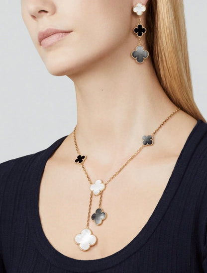 [Shinejoy]CLOVER 3 MOTIF MOP ONYX DARK MOP PINK GOLD EARRINGS
