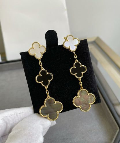 [Shinejoy]CLOVER 3 MOTIF MOP ONYX DARK MOP PINK GOLD EARRINGS