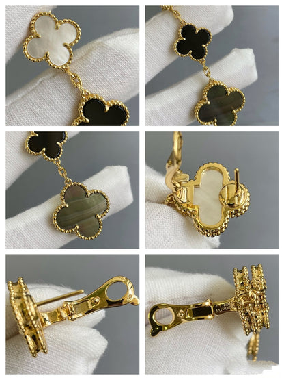 [Shinejoy]CLOVER 3 MOTIF MOP ONYX DARK MOP PINK GOLD EARRINGS