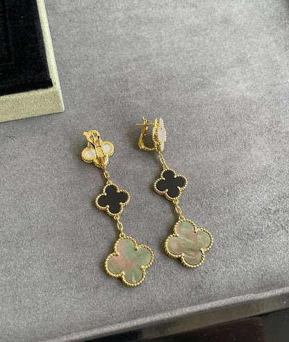 [Shinejoy]CLOVER 3 MOTIF MOP ONYX DARK MOP PINK GOLD EARRINGS