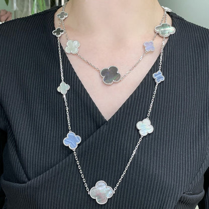 [Shinejoy]CLOVER 16 MOTIF CHALCEDONY MOP SILVER NECKLACE