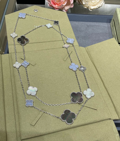 [Shinejoy]CLOVER 16 MOTIF CHALCEDONY MOP SILVER NECKLACE