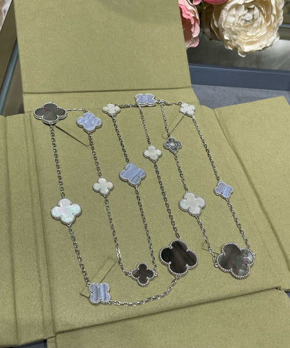 [Shinejoy]CLOVER 16 MOTIF CHALCEDONY MOP SILVER NECKLACE