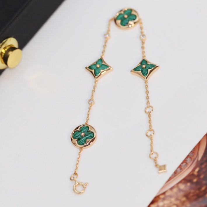 [Shinejoy]STAR AND SUN 4 MOTIF PINK GOLD MALACHITE BRACELET
