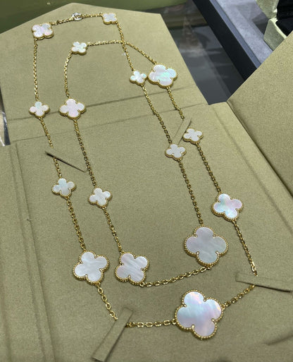 [Shinejoy]CLOVER 16 MOTIF WHITE MOP GOLD NECKLACE