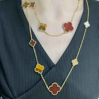 [Shinejoy]CLOVER 16 MOTIF CARNELIAN TIGER EYE Shinejoy GOLD NECKLACE