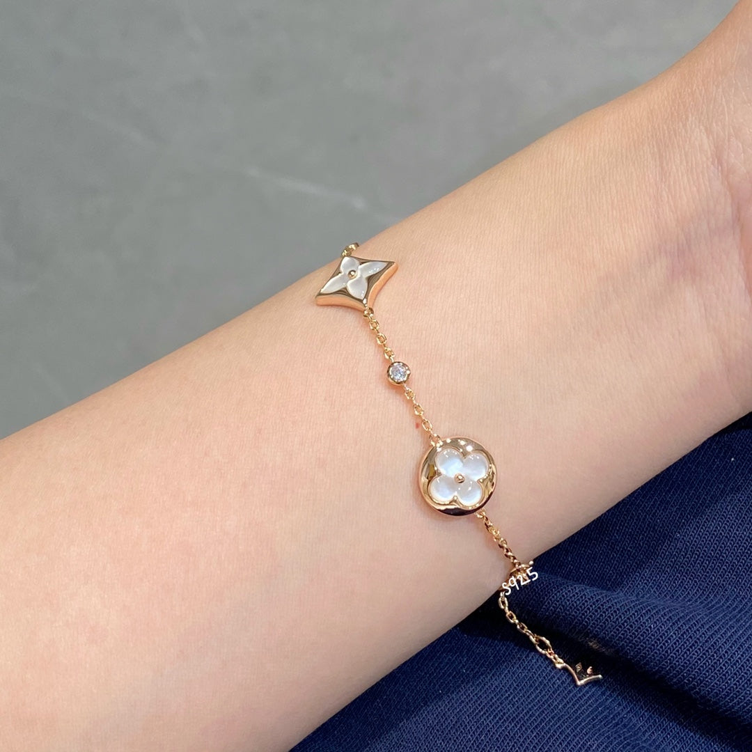 [Shinejoy]STAR AND SUN 4 MOTIF WHITE MOP PINK GOLD BRACELET