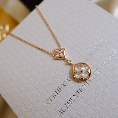 [Shinejoy]STAR AND SUN WHITE MOP 2 MOTIF PINK GOLD NECKLACE