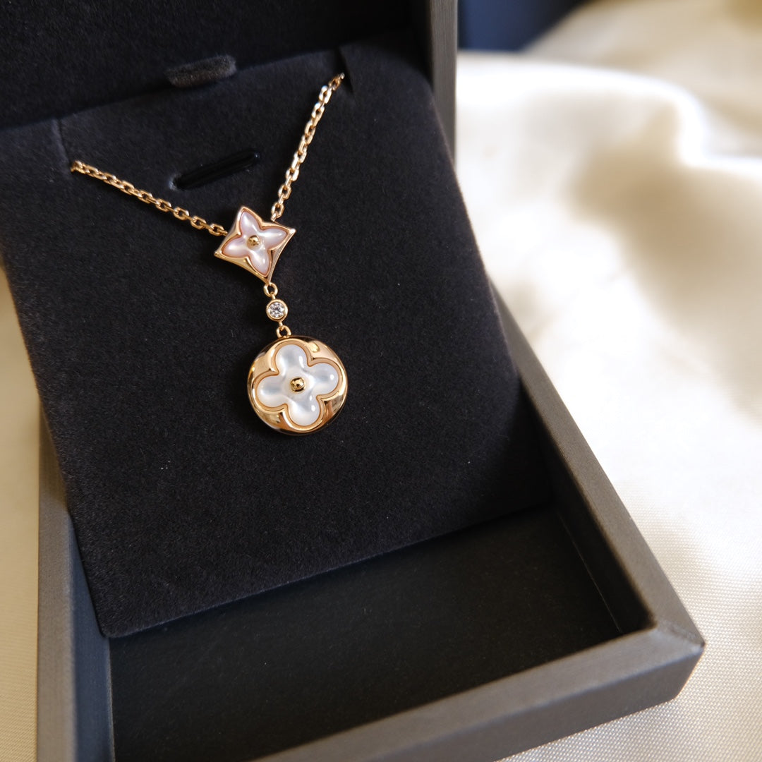 [Shinejoy]STAR AND SUN WHITE MOP 2 MOTIF PINK GOLD NECKLACE