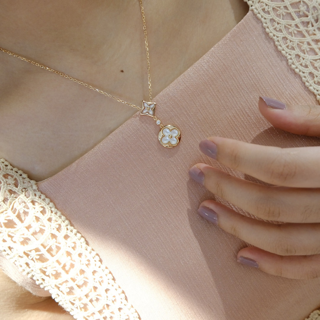 [Shinejoy]STAR AND SUN WHITE MOP 2 MOTIF PINK GOLD NECKLACE