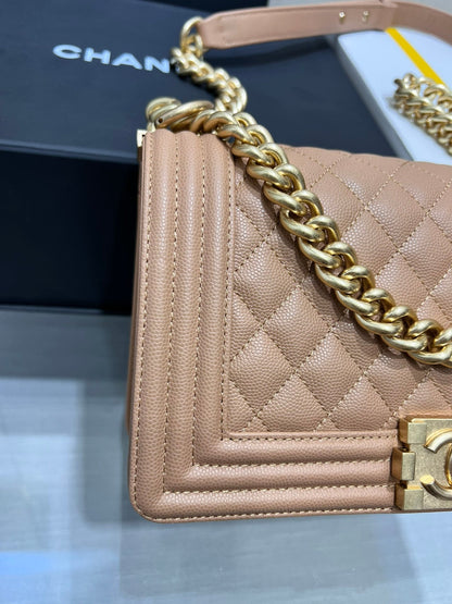 SAC BOY MOYEN 25 CUIR CAVIAR MARRON MÉTAL DORÉ