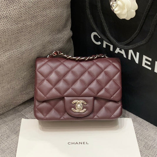 MINI SAC À RABAT CARRÉ 17CM CHOCOLAT CAVIAR MÉTAL ARGENTÉ