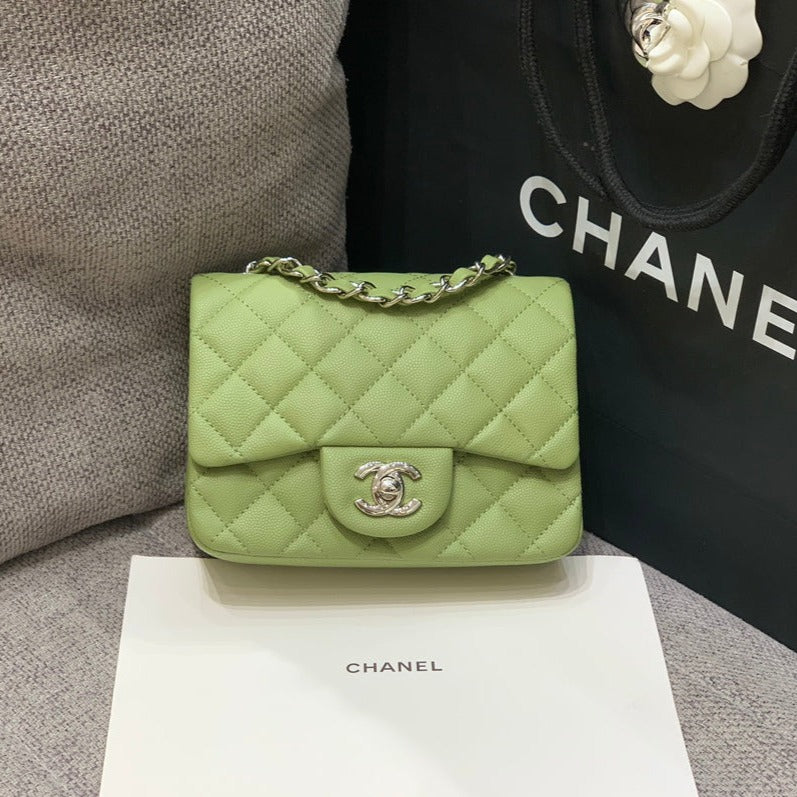MINI SAC À RABAT CARRÉ 17CM CAVIAR VERT MÉTAL ARGENTÉ
