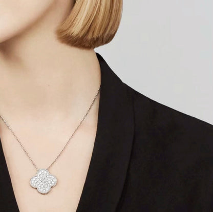 [Shinejoy]CLOVER 25MM LARGE PENDANT DIAMOND PAVED SILVER NECKLACE