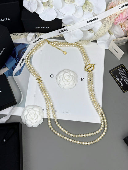[Shinejoy]25K Pencil Double C Double-Layer Pearl Sweater Chain