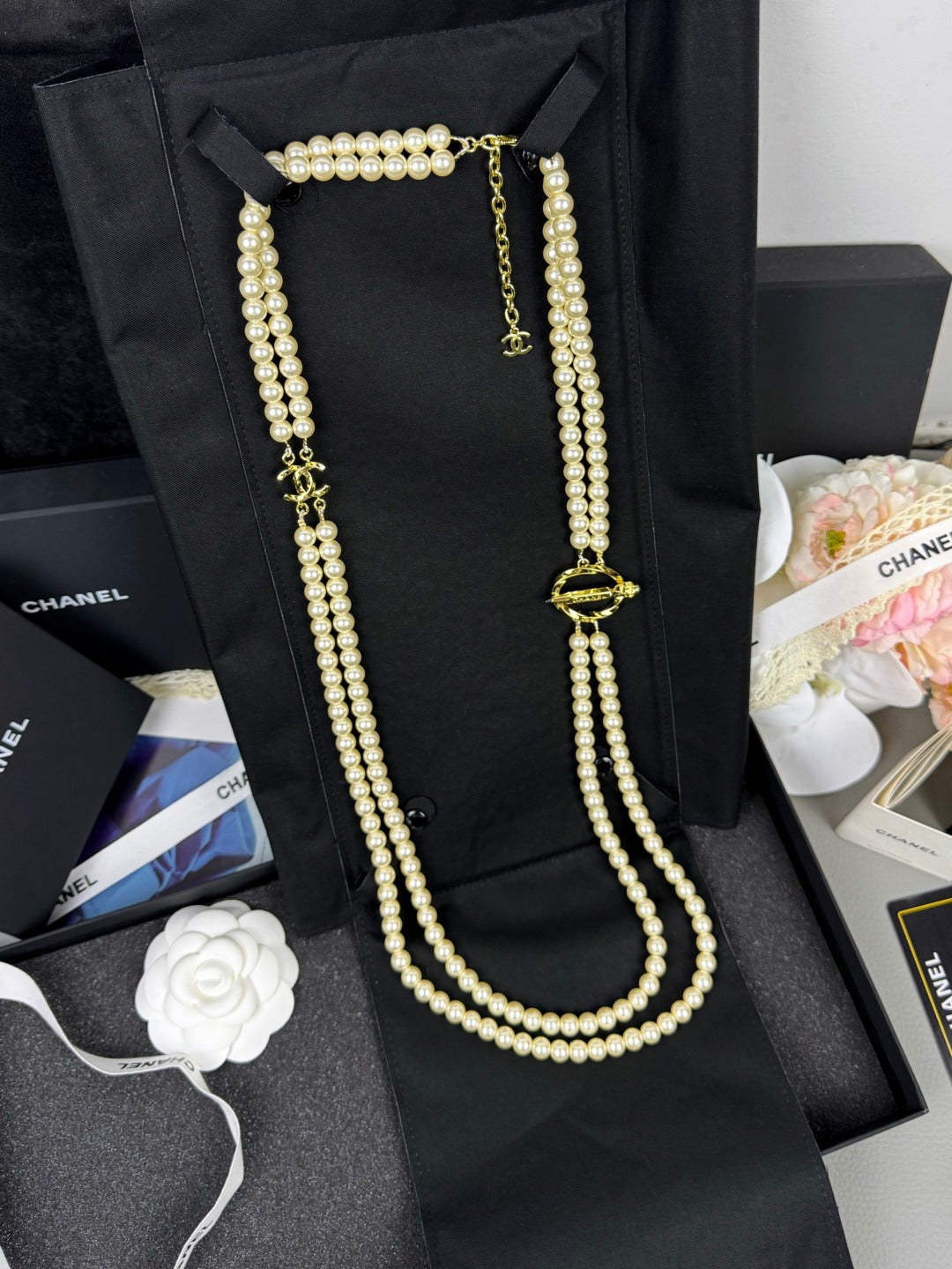 [Shinejoy]25K Pencil Double C Double-Layer Pearl Sweater Chain