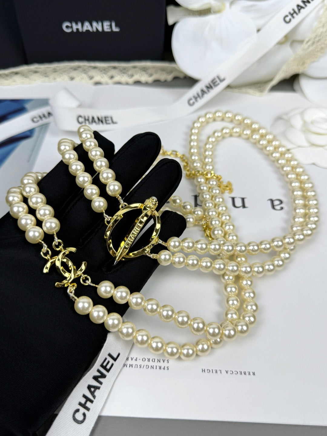 [Shinejoy]25K Pencil Double C Double-Layer Pearl Sweater Chain
