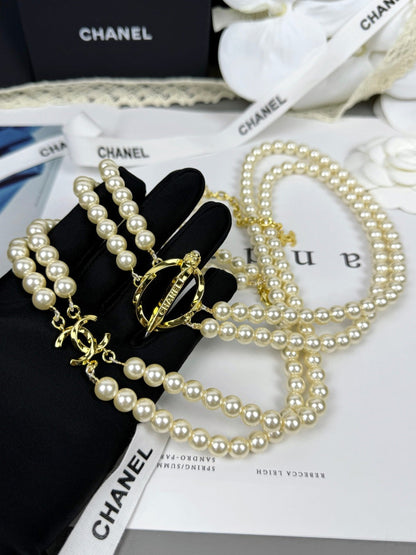 [Shinejoy]25K Pencil Double C Double-Layer Pearl Sweater Chain