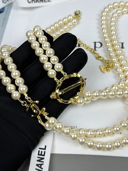 [Shinejoy]25K Pencil Double C Double-Layer Pearl Sweater Chain
