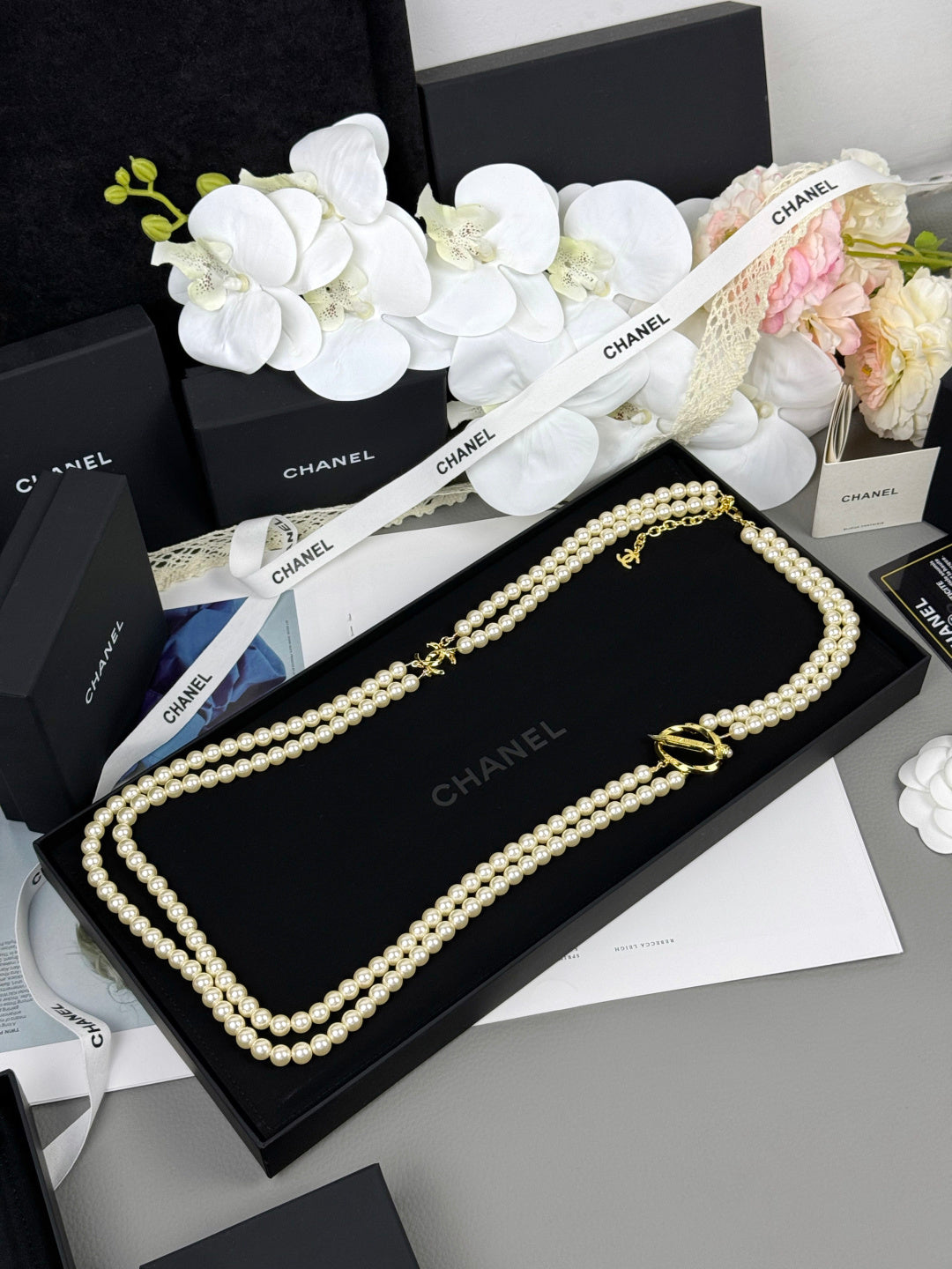 [Shinejoy]25K Pencil Double C Double-Layer Pearl Sweater Chain