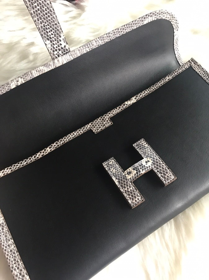 JIGE ELAN 29 CLUTCH IN BLACK CALFSKIN WITH WHITE LIZARD SKIN (MADE-TO-ODER)