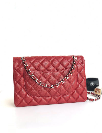 SAC À RABAT JUMBO 30CM ROUGE CAVIAR MÉTAL ARGENTÉ