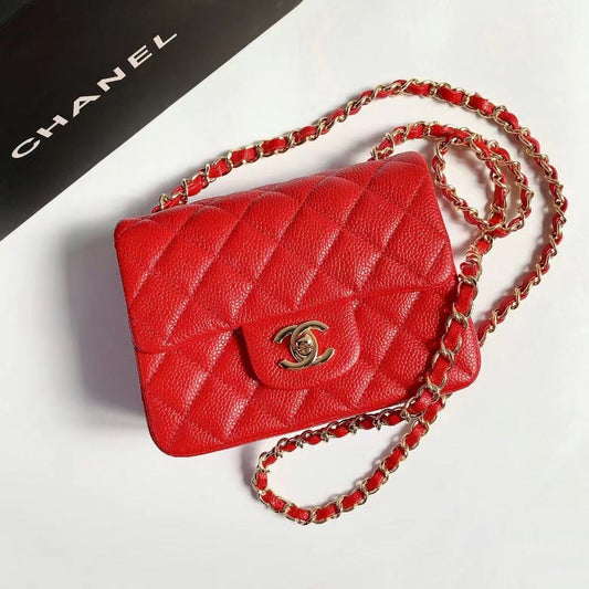 MINI SAC À RABAT CARRÉ 17CM ROUGE CAVIAR MÉTAL DORÉ