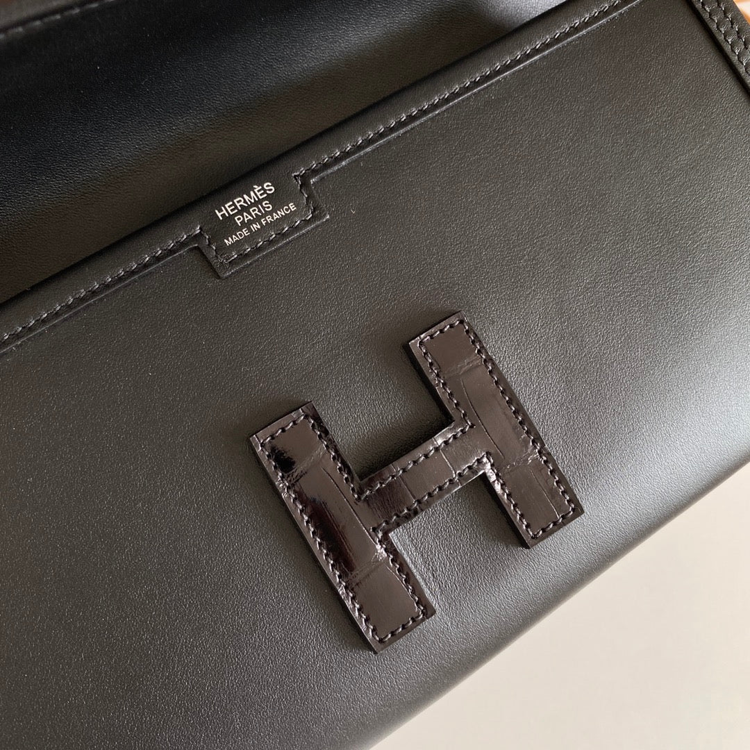 JIGE ELAN 29 CLUTCH IN BLACK CALFSKIN WITH LIZARD SKIN (MADE-TO-ODER)