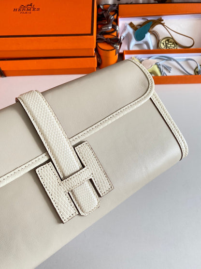 JIGE ELAN 29 CLUTCH IN BISQUE BEIGE CALFSKIN WITH LIZARD SKIN (MADE-TO-ODER)