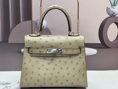 KELLY BAG 20 IN KHAKI TAN OSTRICH LEATHER WITH SILVER HARDWARE (MADE-TO-ODER)