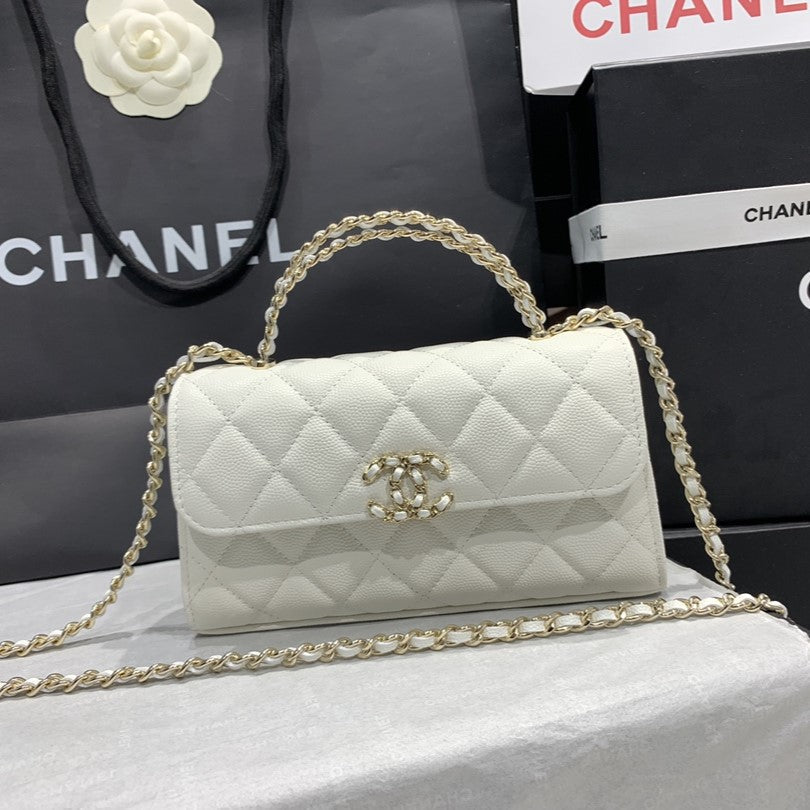 Sac à rabat 23P 19cm caviar blanc quincaillerie dorée