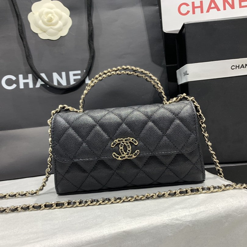 Sac à rabat 23P 19cm cuir caviar noir finition dorée