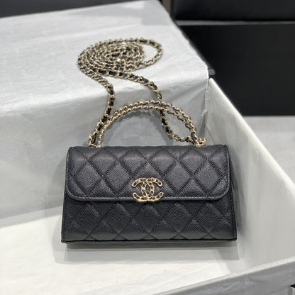 Sac à rabat 23P 19cm cuir caviar noir finition dorée