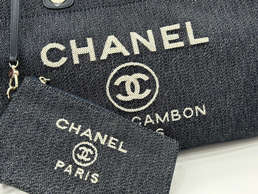 Cabas CC DEAUVILLE GRAND MODÈLE 38 EN TOILE NOIRE AVEC LOGO BLANC BRODÉ