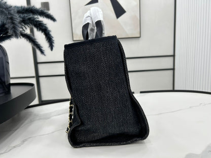Cabas CC DEAUVILLE GRAND MODÈLE 38 EN TOILE NOIRE AVEC LOGO BLANC BRODÉ