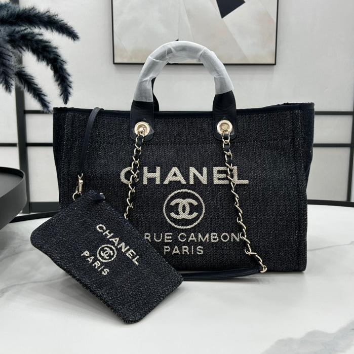 Cabas CC DEAUVILLE GRAND MODÈLE 38 EN TOILE NOIRE AVEC LOGO BLANC BRODÉ