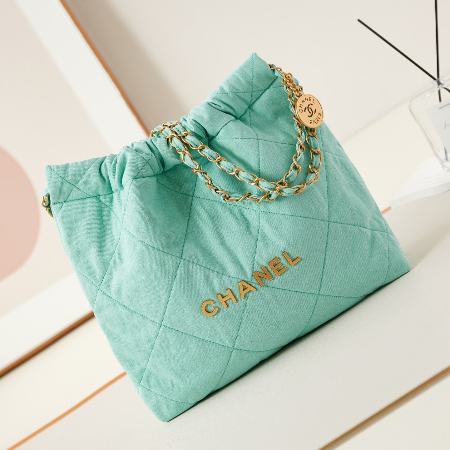 SAC CC CLASSIC MOYEN 37 EN TOILE BLEU TIFFANY