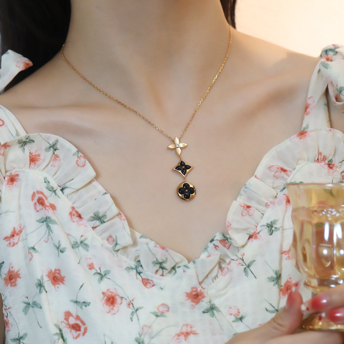 [Shinejoy]STAR AND SUN ONYX PINK GOLD NECKLACE