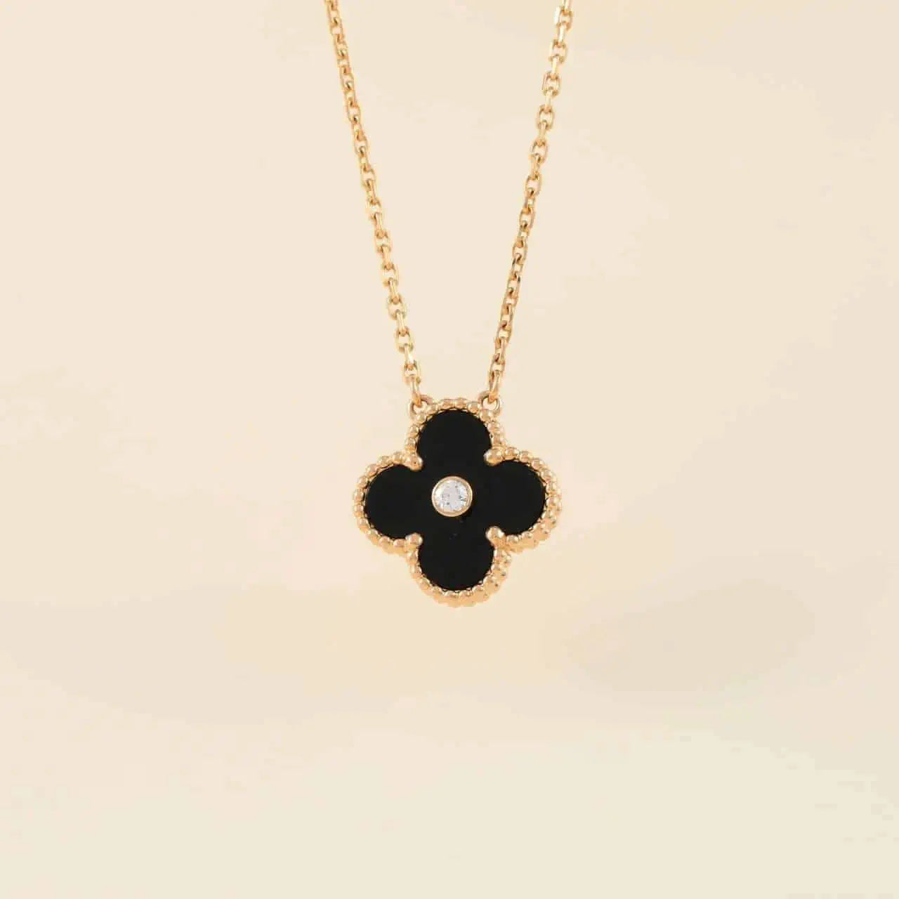 [Shinejoy]CLOVER 15MM DIAMOND ONYX NECKLACE