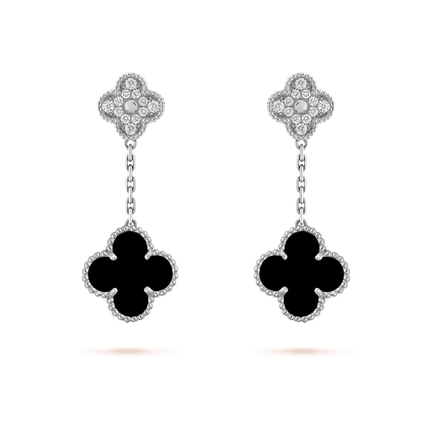 [Shinejoy]CLOVER 2 MOTIFS  DIAMOND ONYX EARRINGS SILVER