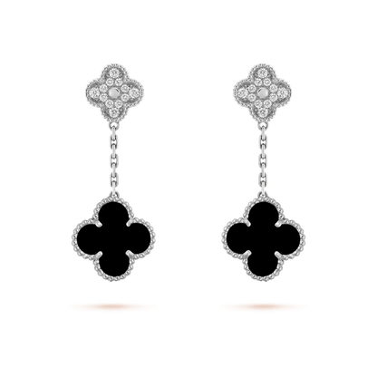 [Shinejoy]CLOVER 2 MOTIFS  DIAMOND ONYX EARRINGS SILVER