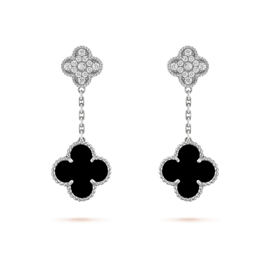[Shinejoy]CLOVER 2 MOTIFS  DIAMOND ONYX EARRINGS SILVER