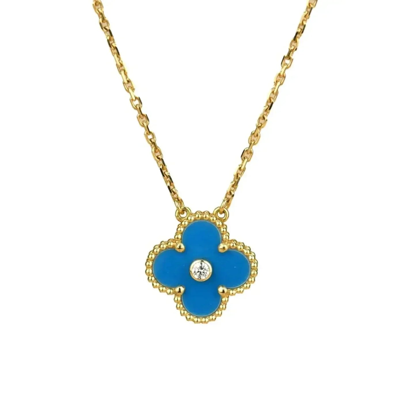 [Shinejoy]CLOVER 15MM DIAMOND AND BLUE AGATE NECKLACE