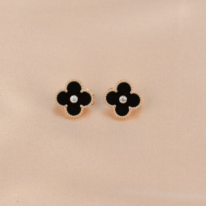 [Shinejoy]CLOVER MEDIUM 1 MOTIFS ONYX DIAMOND EARRINGS