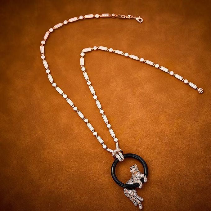 [Shinejoy jewelrys]NEW BLACK CIRCLE PANTHER FULL DIAMOND NECKLACE
