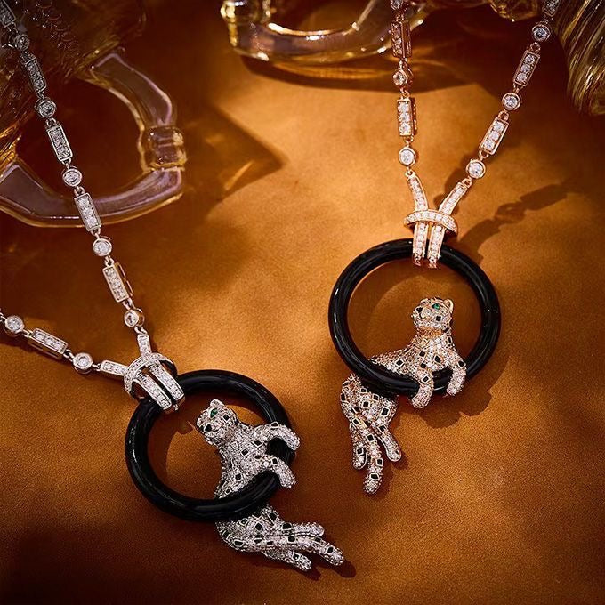 [Shinejoy jewelrys]NEW BLACK CIRCLE PANTHER FULL DIAMOND NECKLACE