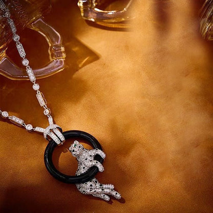 [Shinejoy jewelrys]NEW BLACK CIRCLE PANTHER FULL DIAMOND NECKLACE